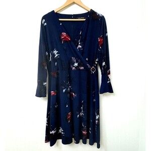 Ivanka Trump Dress - Floral, Flouncy, Long Sleeves, V Neck, Mock Wrap XLarge